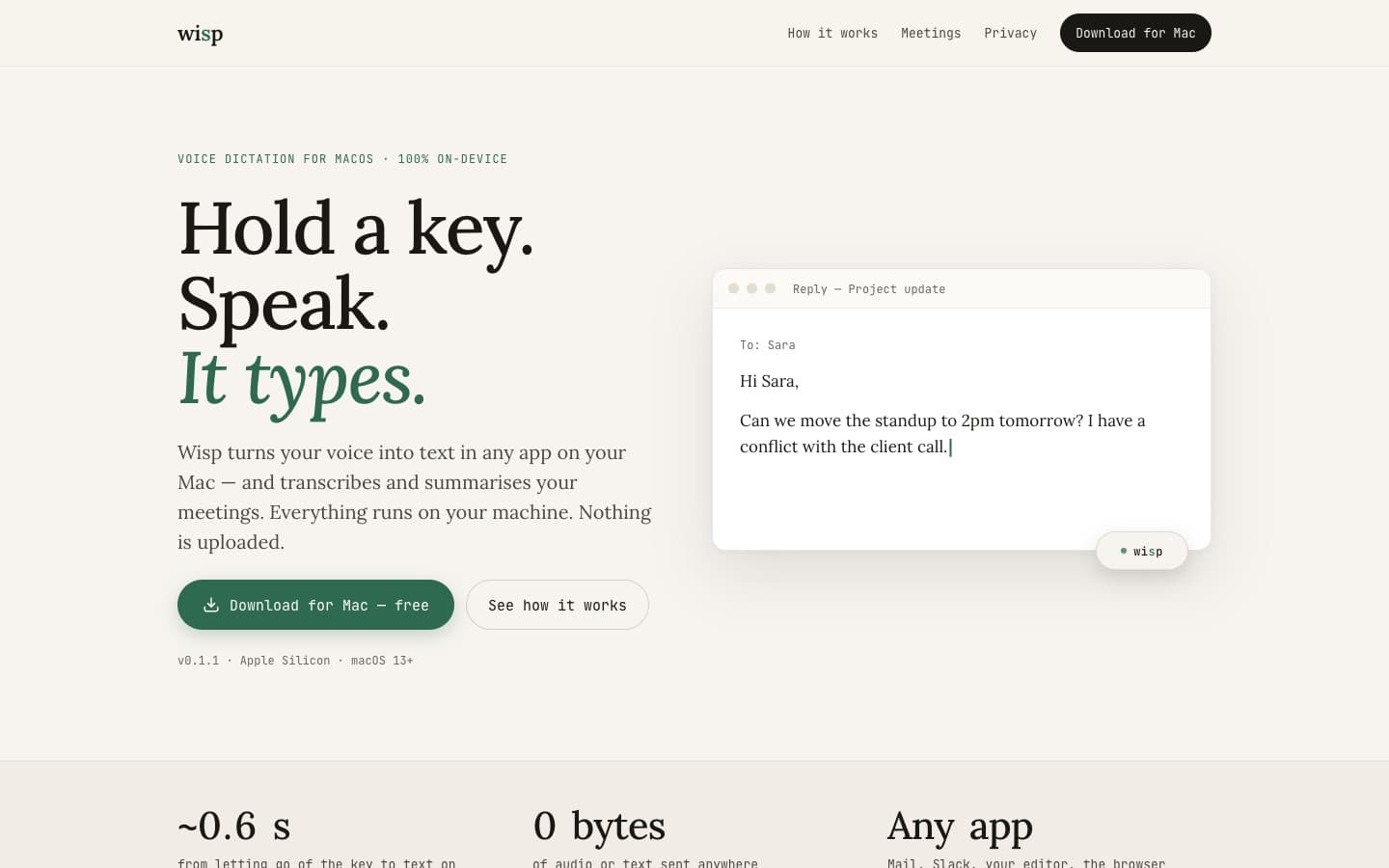 Wisp landing page: the headline 'Hold a key. Speak. It types.' next to an email being dictated
